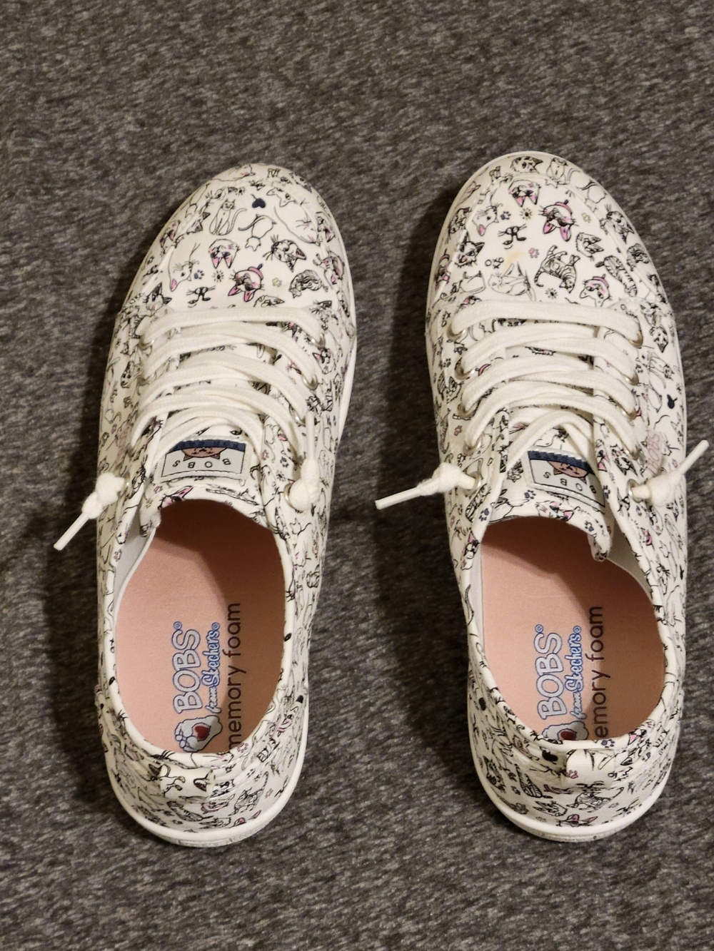 Skechers BOBS White Canvas Sneakers with Black and Pink Cat Print Size 8